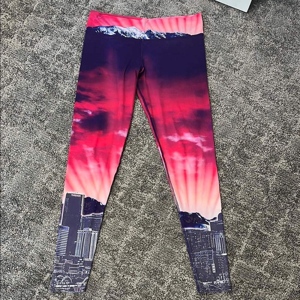 CO Threads Pink and Purple Gradient Leggings with Urban Skyline Size L